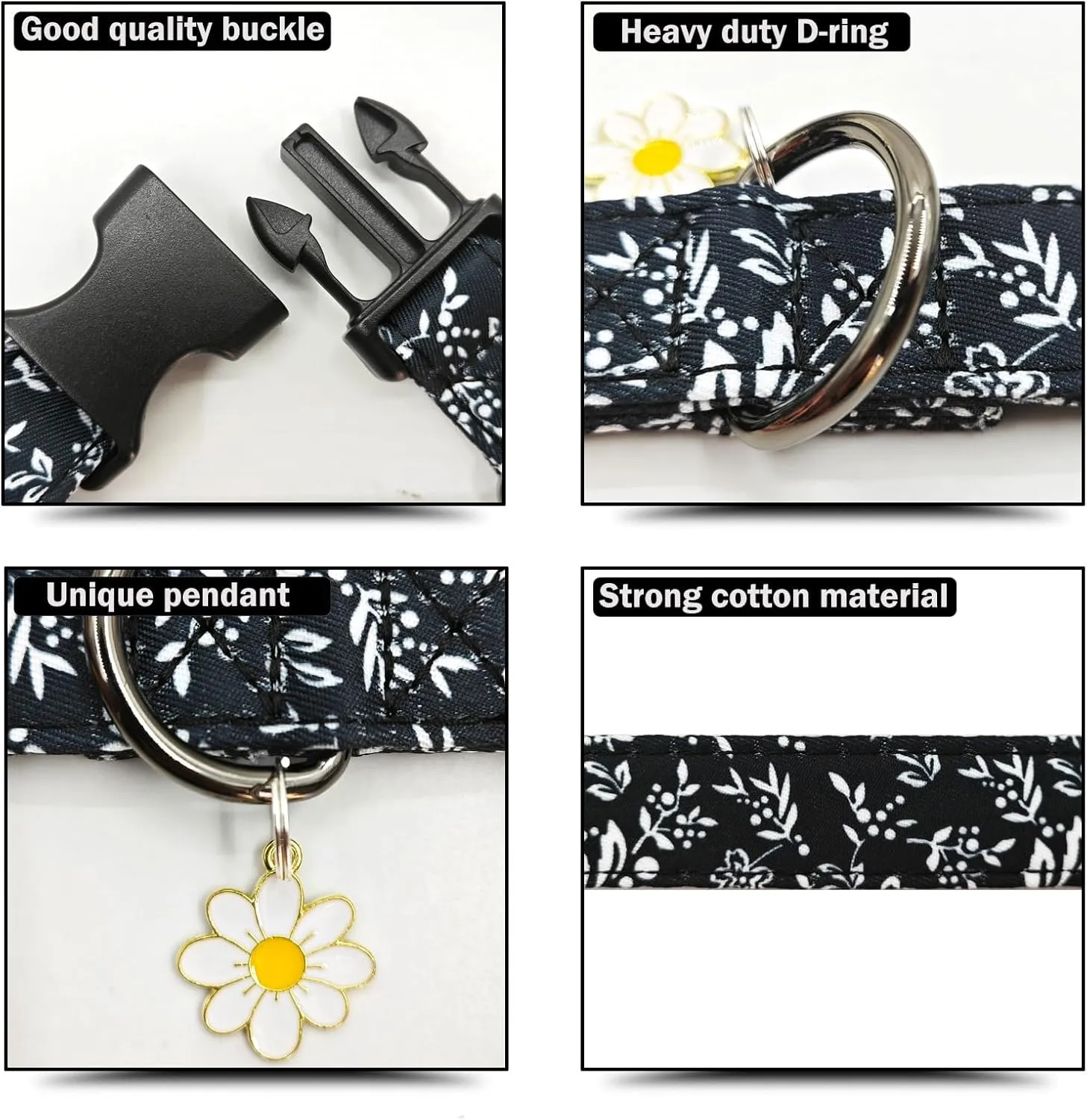 Flower Patterns Dog Collar with Accessories, Soft Cotton Dog Collars for Small Medium Large Female and Male Dogs(White Flower L)