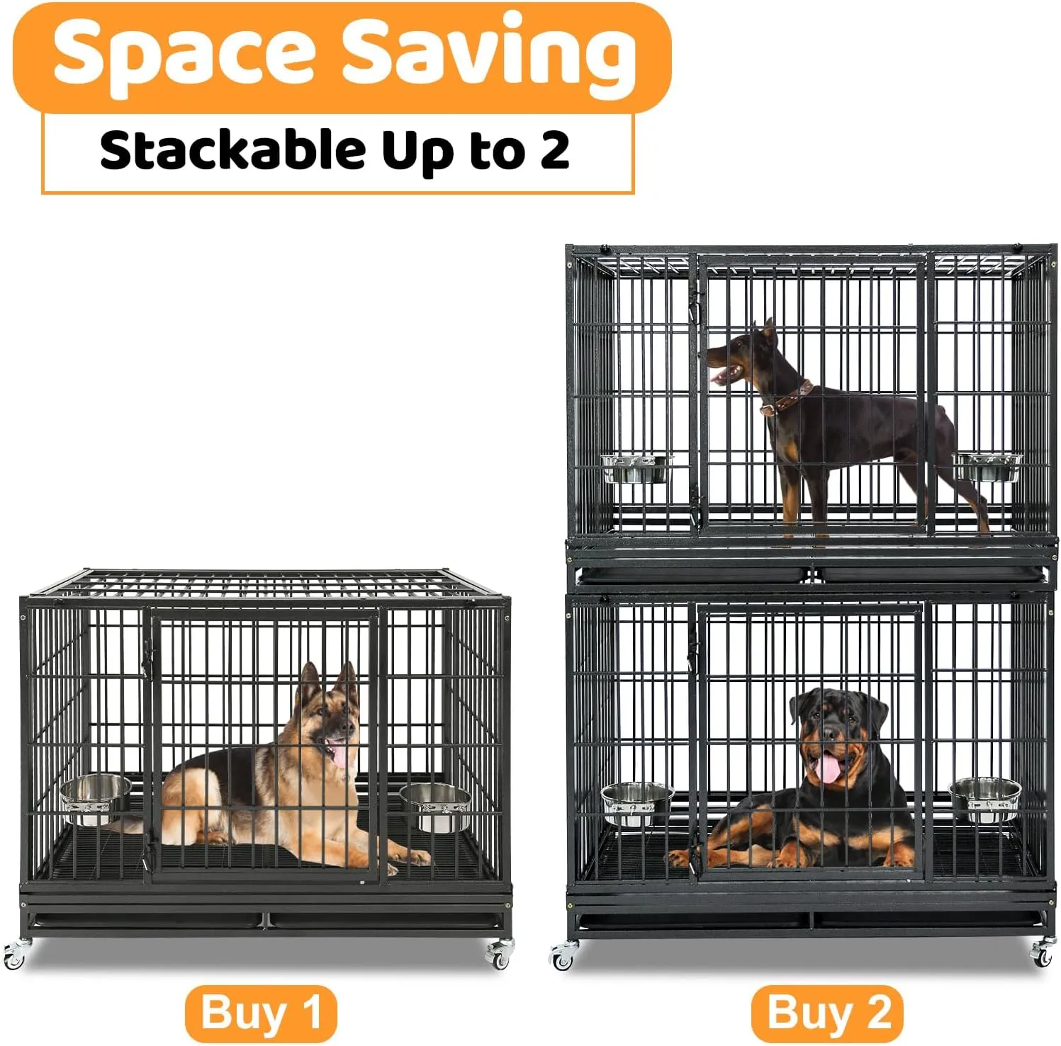 Homey Pet 48 Inch Stackable Heavy Duty Dog Crate Indestructible, Escape Proof Dog Cage with Wheels, Two Removable Trays, High Anxiety Dog Kennel Indoor, Extra Large XL XXL Dog Crates for Large Dogs