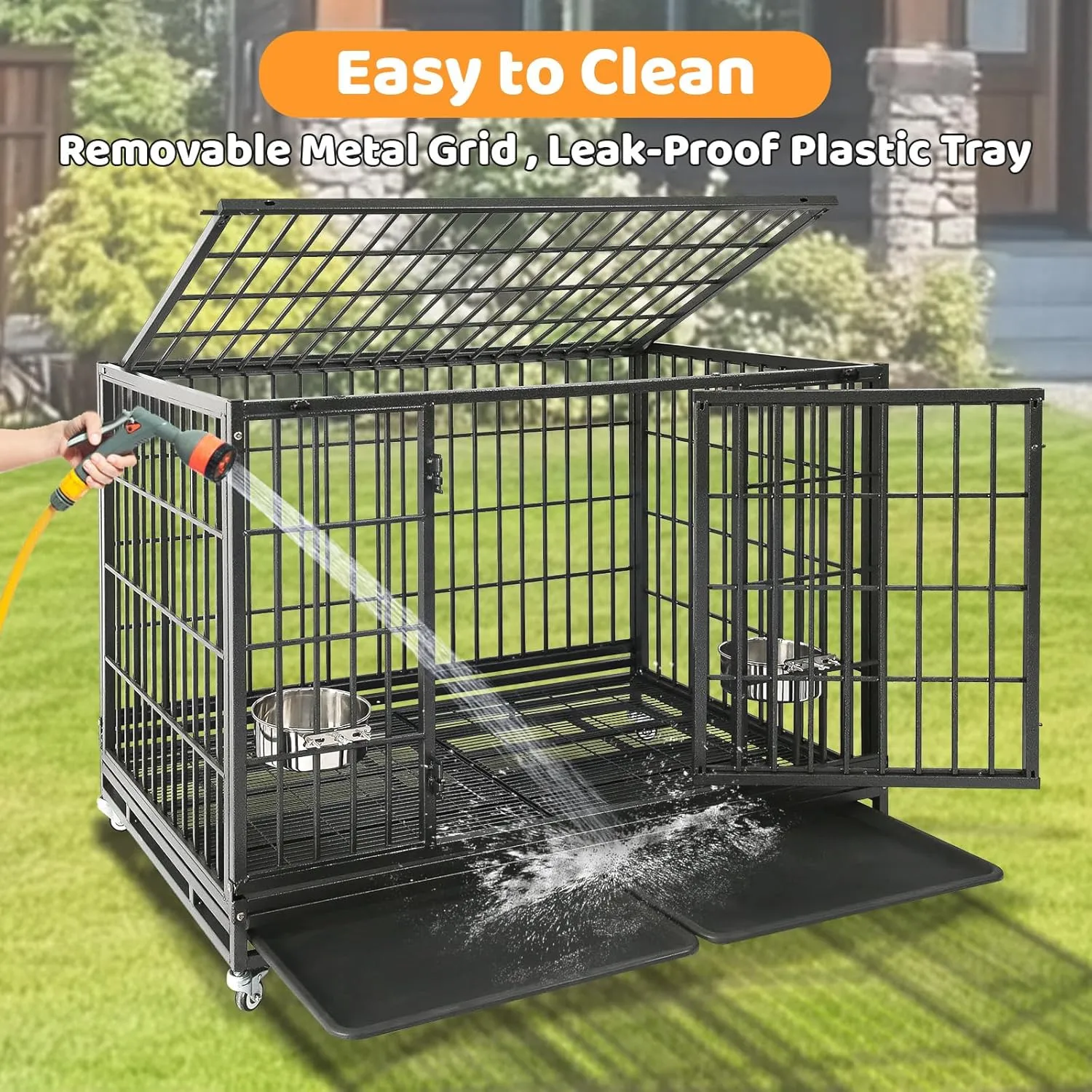 Homey Pet 48 Inch Stackable Heavy Duty Dog Crate Indestructible, Escape Proof Dog Cage with Wheels, Two Removable Trays, High Anxiety Dog Kennel Indoor, Extra Large XL XXL Dog Crates for Large Dogs