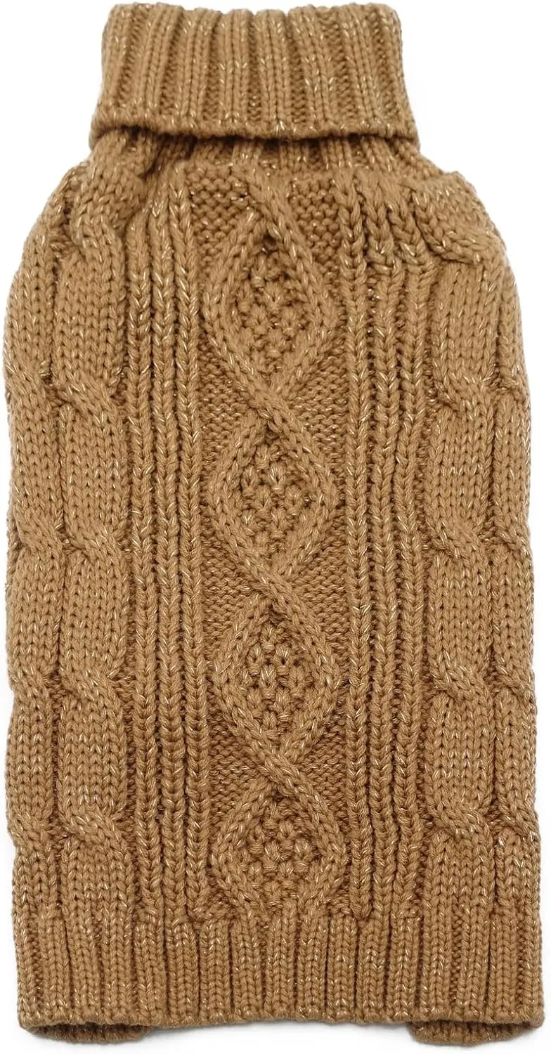KYEESE Dog Sweaters for Small Dogs Turtleneck Dog Cable Knit Pet Sweater with Golden Thread for Cold Weather, Brown, Medium