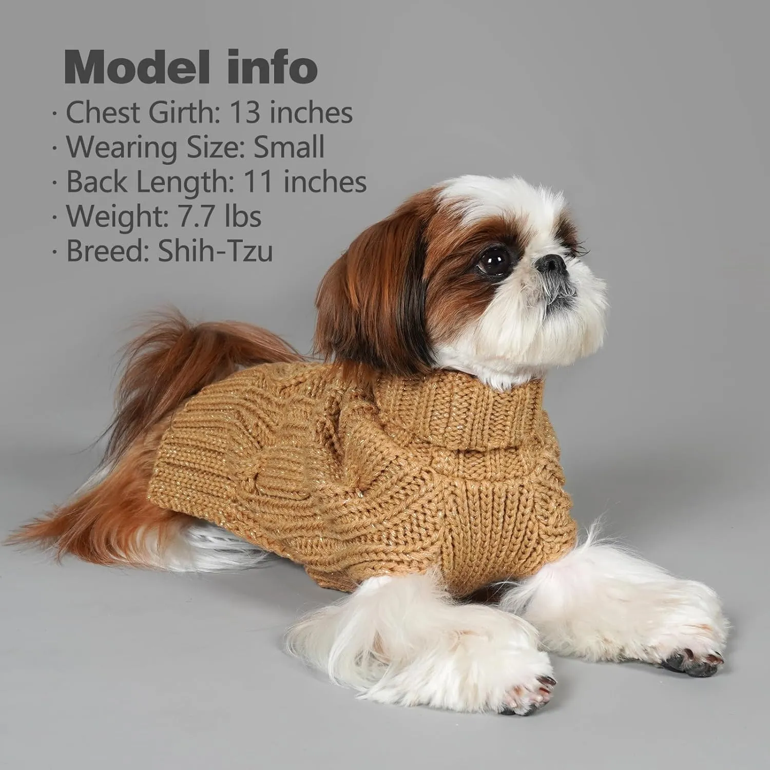 KYEESE Dog Sweaters for Small Dogs Turtleneck Dog Cable Knit Pet Sweater with Golden Thread for Cold Weather, Brown, Medium