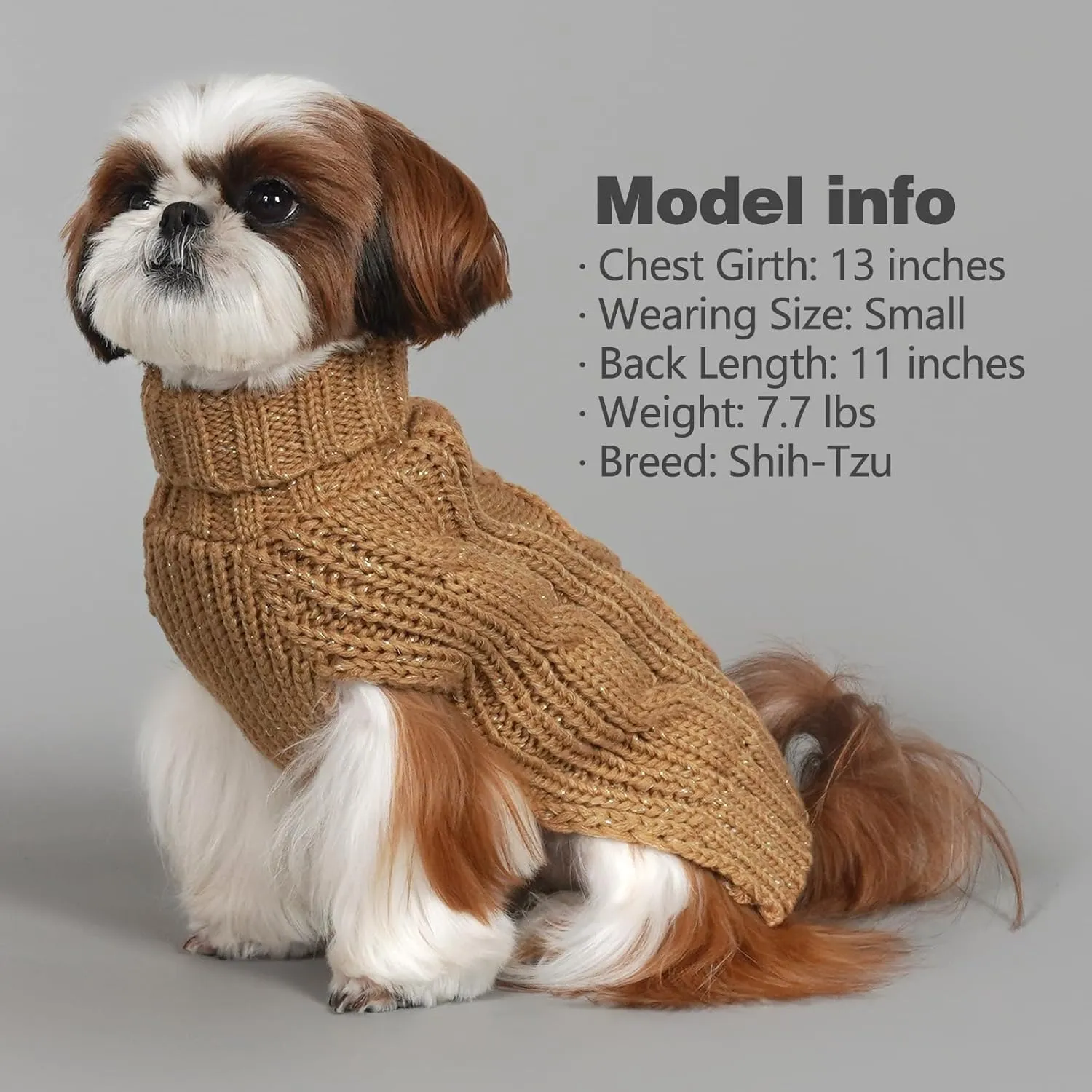 KYEESE Dog Sweaters for Small Dogs Turtleneck Dog Cable Knit Pet Sweater with Golden Thread for Cold Weather, Brown, Medium