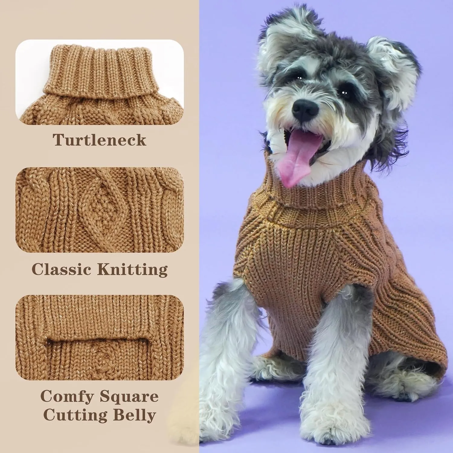 KYEESE Dog Sweaters for Small Dogs Turtleneck Dog Cable Knit Pet Sweater with Golden Thread for Cold Weather, Brown, Medium