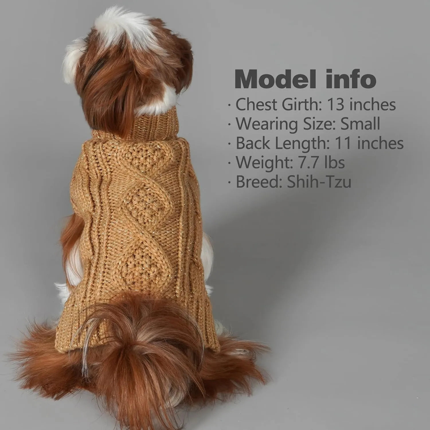 KYEESE Dog Sweaters for Small Dogs Turtleneck Dog Cable Knit Pet Sweater with Golden Thread for Cold Weather, Brown, Medium