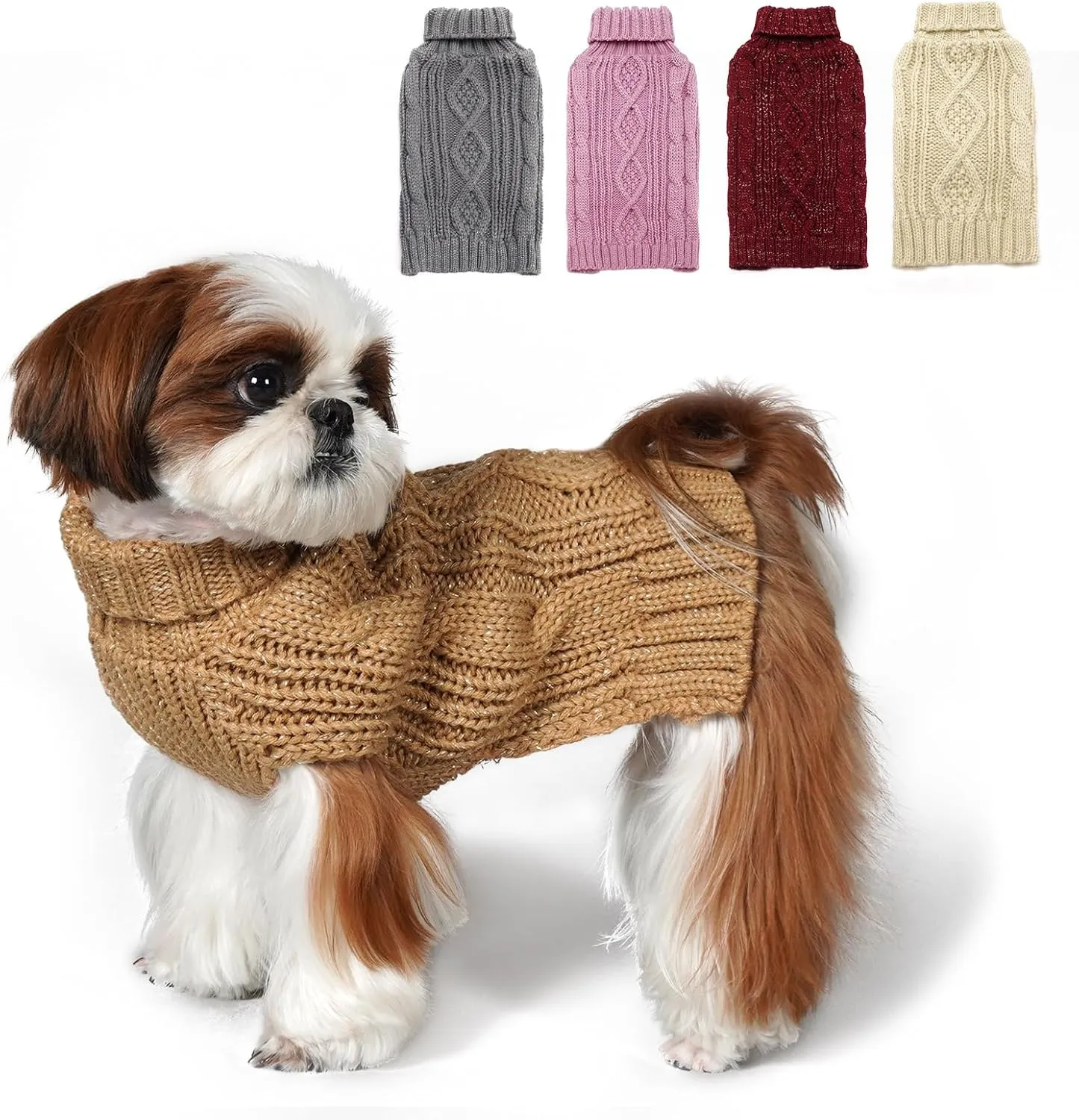 KYEESE Dog Sweaters for Small Dogs Turtleneck Dog Cable Knit Pet Sweater with Golden Thread for Cold Weather, Brown, Medium