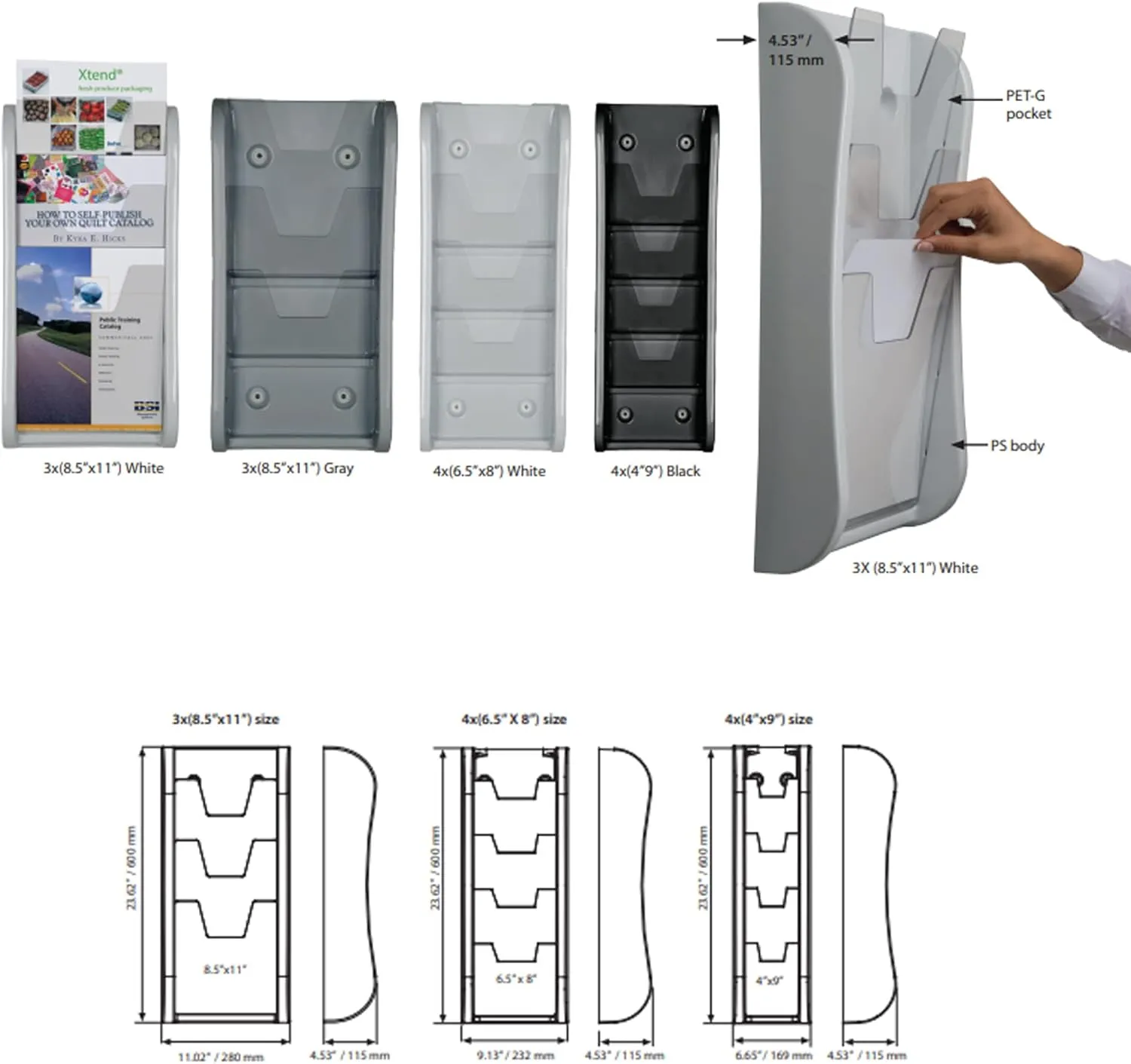 M&T Displays Wall Unit 3 Tier 8.5x11 inch Wall Mounting Plastic Clear PET Pocket Brochure File Organizer Office Document Magazine Folder Rack Portrait Indoor Gray