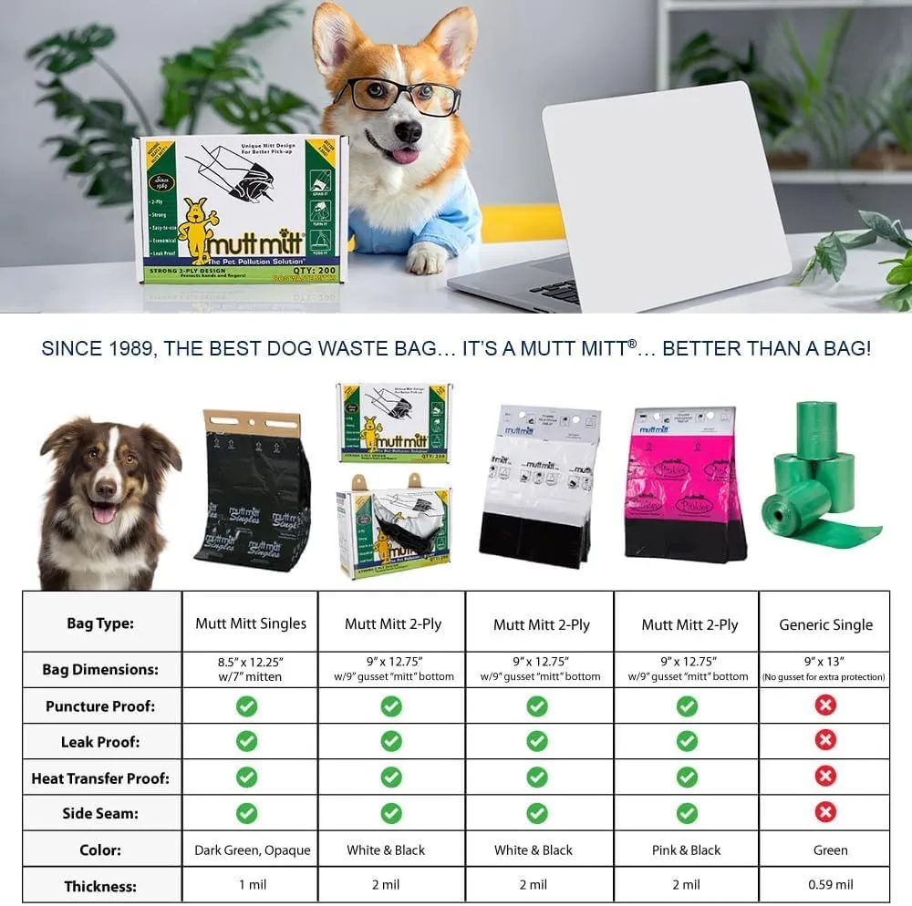 Mutt Mitt Singles Dog Waste Header Bags multi-product listing - 1,000 Mutt Mitt Singles Bags perfect for 2 Dog Waste Stations - Single-Ply, thick bag with a bottom gusset, for safer, easier pick-up