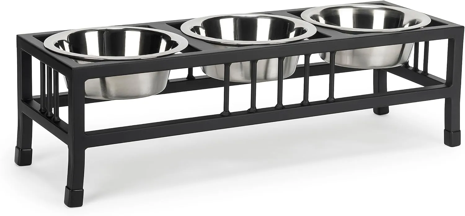 NMN Designs Baron Triple Bowl Diner - Raised Pet Feeder, Black - 3 Bowl Cat & Dog Stand - Metal - Best 2 Qt Stainless Bowls - 8" Tall - Elevated Stainless Steel - Multi Pet Feeder