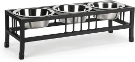 NMN Designs Baron Triple Bowl Diner - Raised Pet Feeder, Black - 3 Bowl Cat & Dog Stand - Metal - Best 2 Qt Stainless Bowls - 8" Tall - Elevated Stainless Steel - Multi Pet Feeder