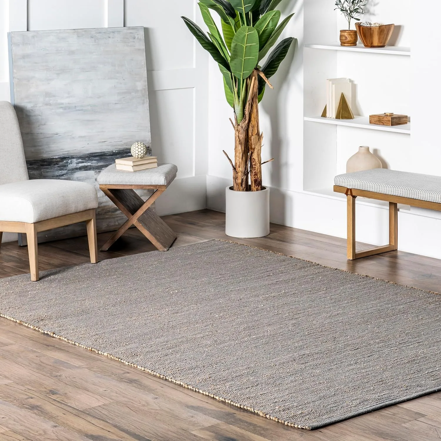 nuLOOM 2' x 6' Elfriede Jute & Cotton Hand Woven Area Rug, Elfriede Grey, Solid Rustic Farmhouse Style, Weaved Design, Natural Fiber, for Bedroom, Living Room, Dining Room, Hallway, Office, Entryway