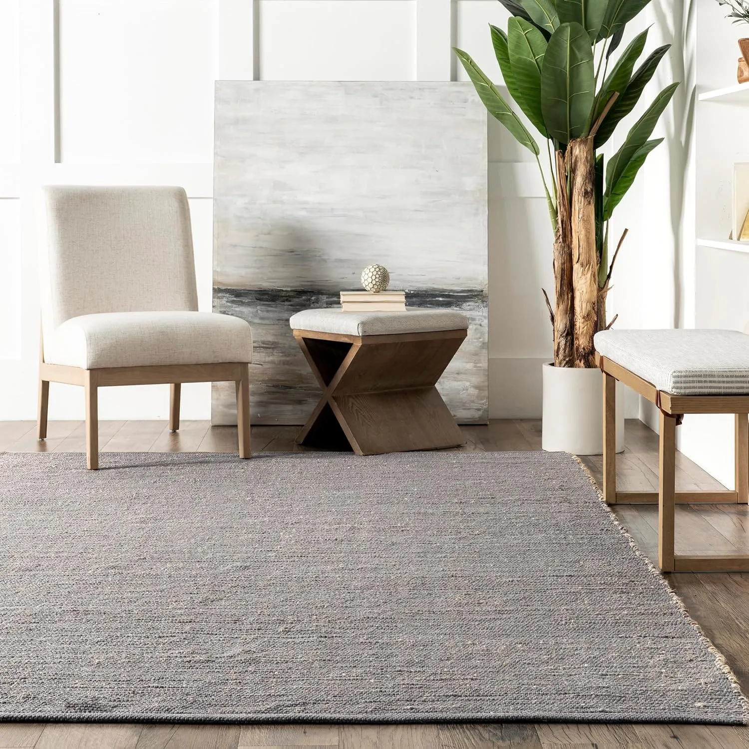 nuLOOM 2' x 6' Elfriede Jute & Cotton Hand Woven Area Rug, Elfriede Grey, Solid Rustic Farmhouse Style, Weaved Design, Natural Fiber, for Bedroom, Living Room, Dining Room, Hallway, Office, Entryway