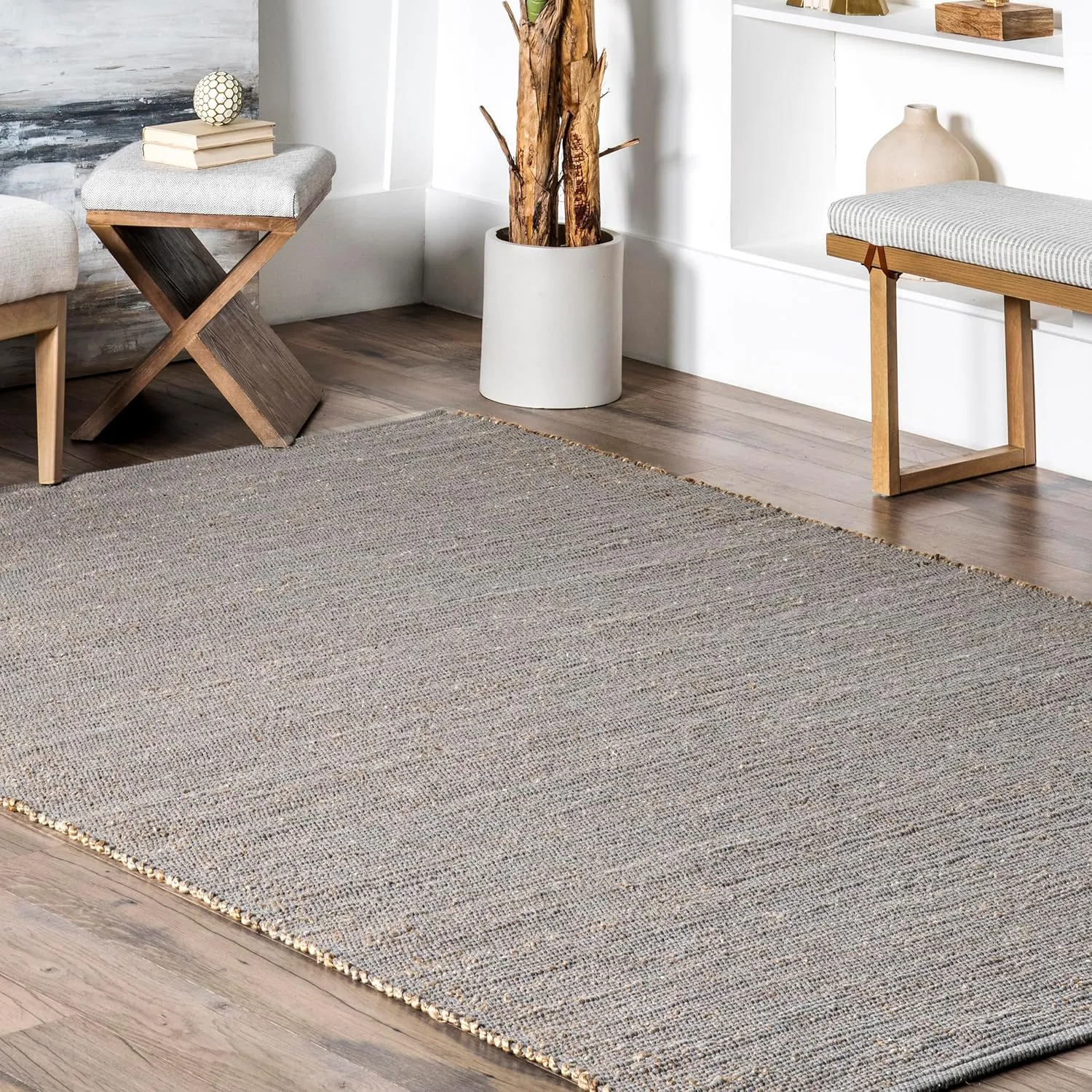 nuLOOM 2' x 6' Elfriede Jute & Cotton Hand Woven Area Rug, Elfriede Grey, Solid Rustic Farmhouse Style, Weaved Design, Natural Fiber, for Bedroom, Living Room, Dining Room, Hallway, Office, Entryway
