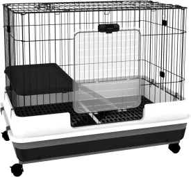PawHut 2-Level Small Animal Cage Rabbit Hutch with Wheels, Removable Tray, Platform and Ramp for Bunny, Chinchillas, Ferret, Black