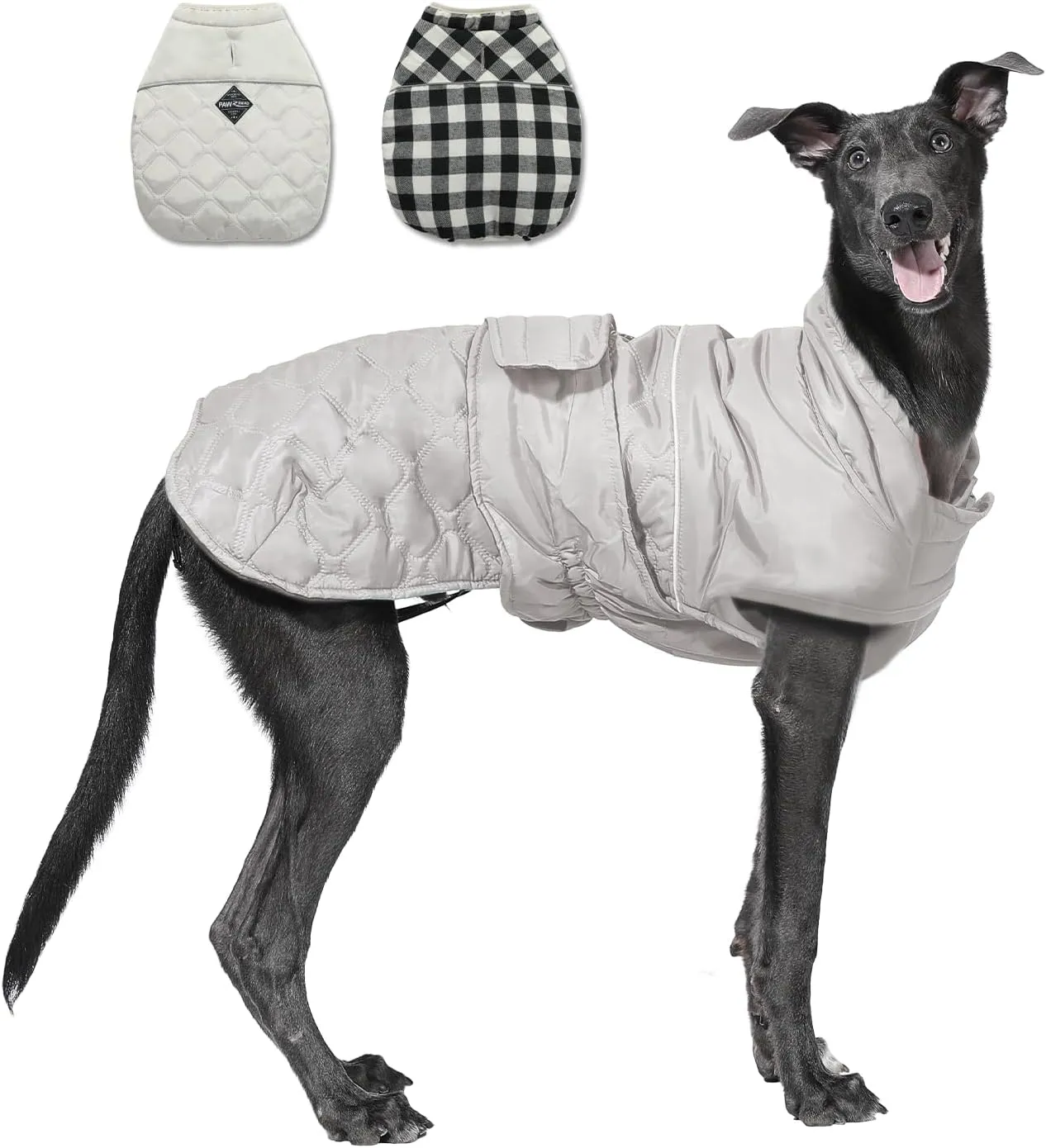 PAWZ Road Dog Winter Coat with 5 Layers Warm Material, Reversible Dog Clothes with 2 Sides, Dog Jacket Outdoor Water Repellent, (Light Beige Plaid 3XL)