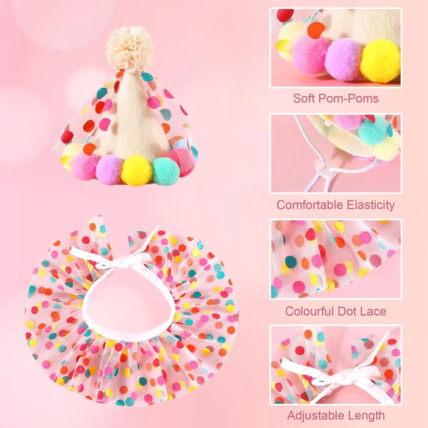 Pet Birthday Hat Scarf Set Puppy Princess Costumes Cute Lace Cat Outfit Dog Colorful Dots Bandana Pom-pom Cone Hat Cat Happy Birthday Decorations Pet Party Supplies