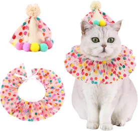 Pet Birthday Hat Scarf Set Puppy Princess Costumes Cute Lace Cat Outfit Dog Colorful Dots Bandana Pom-pom Cone Hat Cat Happy Birthday Decorations Pet Party Supplies