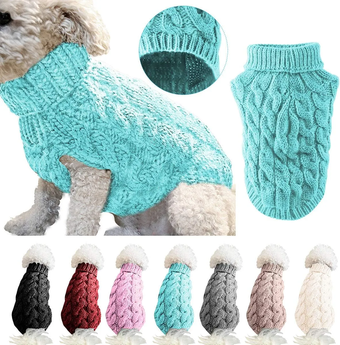 Pet Dog Turtleneck Knitting Sweater Coat Winter Warmer Thickening Pullover Knitwear Crochet Coat Clothes for Small Medium Large Dog Puppy Cat (L, Blue)