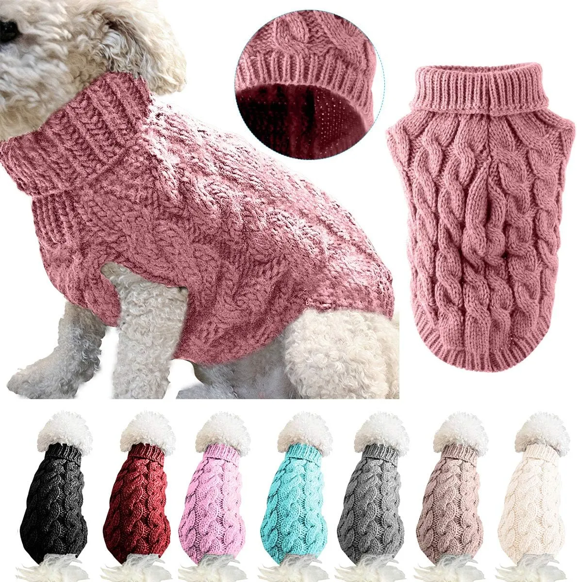 Pet Dog Turtleneck Knitting Sweater Coat Winter Warmer Thickening Pullover Knitwear Crochet Coat Clothes for Small Medium Large Dog Puppy Cat (L, Pink)