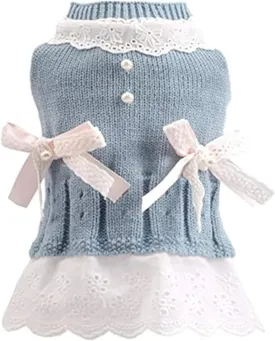 Pet Sweater Dress for Small Dogs With Bow - Winter Warm Princess Lace Clothes for Female Girl Dachshund Chihuahua Corgi Cat - Pink/Blue for Christmas Birthday Valentine's Day (Blue, Large)
