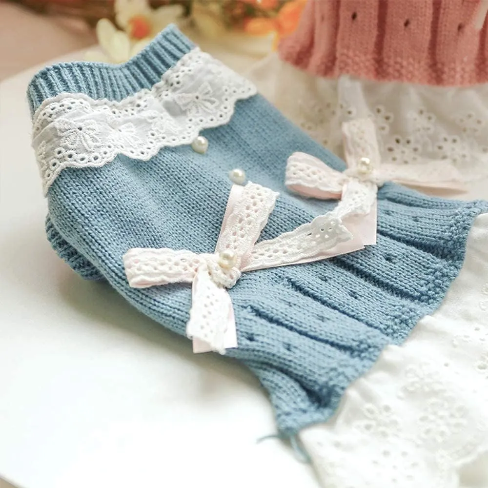 Pet Sweater Dress for Small Dogs With Bow - Winter Warm Princess Lace Clothes for Female Girl Dachshund Chihuahua Corgi Cat - Pink/Blue for Christmas Birthday Valentine's Day (Blue, Large)