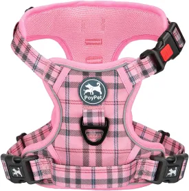 PoyPet No Pull Dog Harness, Reflective Adjustable No Choke Pet Vest with Front & Back 2 Leash Attachments, Soft Control Training Handle for Large Dogs(Checkered Pink,L)