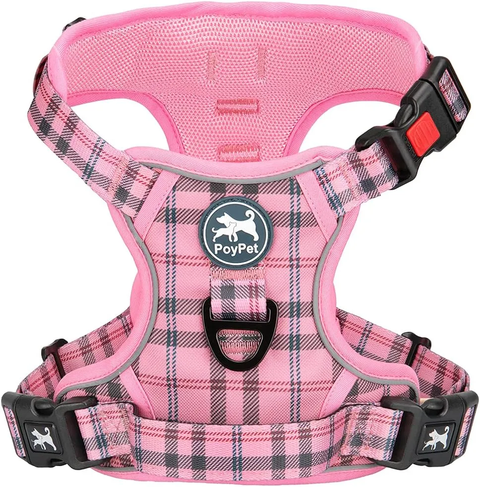 PoyPet No Pull Dog Harness, Reflective Adjustable No Choke Pet Vest with Front & Back 2 Leash Attachments, Soft Control Training Handle for Large Dogs(Checkered Pink,L)
