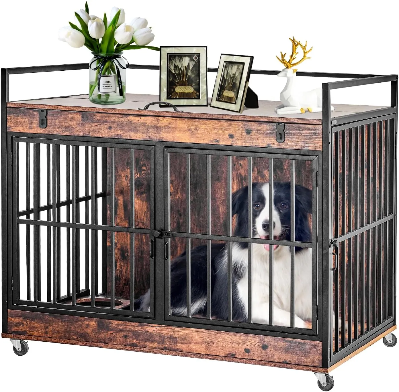 Redlife Large Furniture Style Dog Crate, Heavy Duty Pet Cage for High Anxiety Dogs with 3 Doors, Wheels, Feeder Bowls, Indoor Modern Kennel for Extra Large Dogs, Versatile Wooden End Table, XL