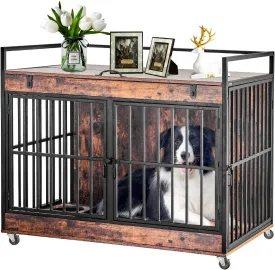 Redlife Large Furniture Style Dog Crate, Heavy Duty Pet Cage for High Anxiety Dogs with 3 Doors, Wheels, Feeder Bowls, Indoor Modern Kennel for Extra Large Dogs, Versatile Wooden End Table, XL