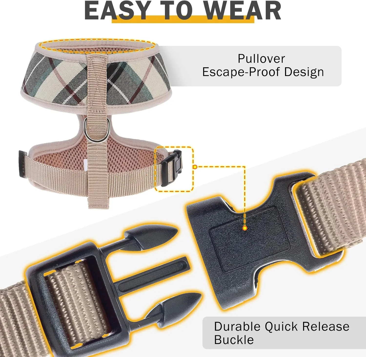SCENEREAL No Pull Dog Harness Collar and Leash Set Small Medium Sized Dog, Soft Mesh Step in Puppy Harnesses, No Chock Plaid Adjustible Pet Vest for Outdoor Walking Training and Running, Beige XS