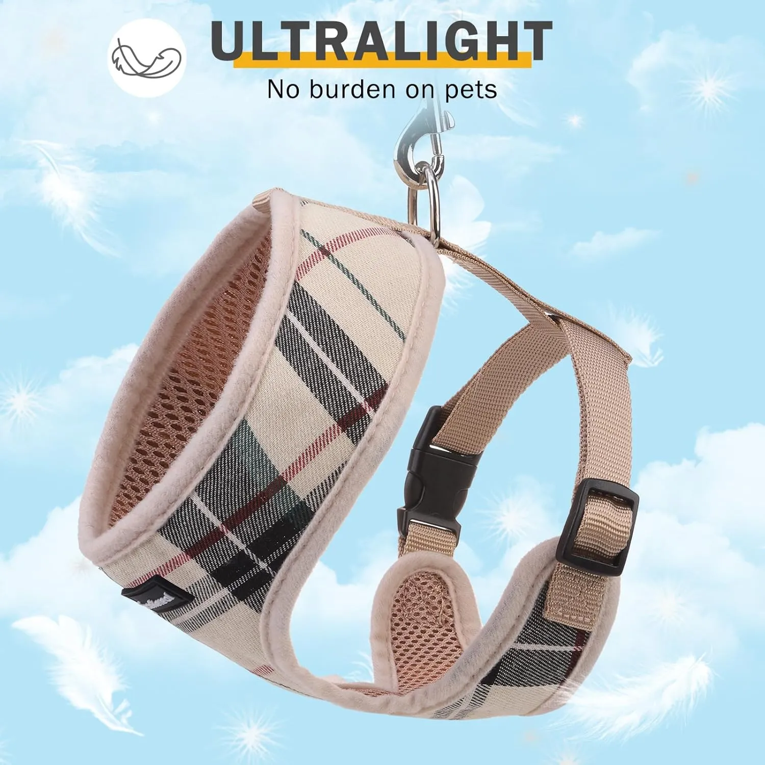 SCENEREAL No Pull Dog Harness Collar and Leash Set Small Medium Sized Dog, Soft Mesh Step in Puppy Harnesses, No Chock Plaid Adjustible Pet Vest for Outdoor Walking Training and Running, Beige XS