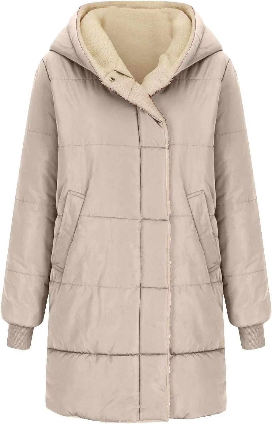 Sinzelimin Women Hooded Parka Jackets Fleece Lined Thickened Down Jacket Winter Hooded Puffy Packable Jacket Warm Puffer Coat