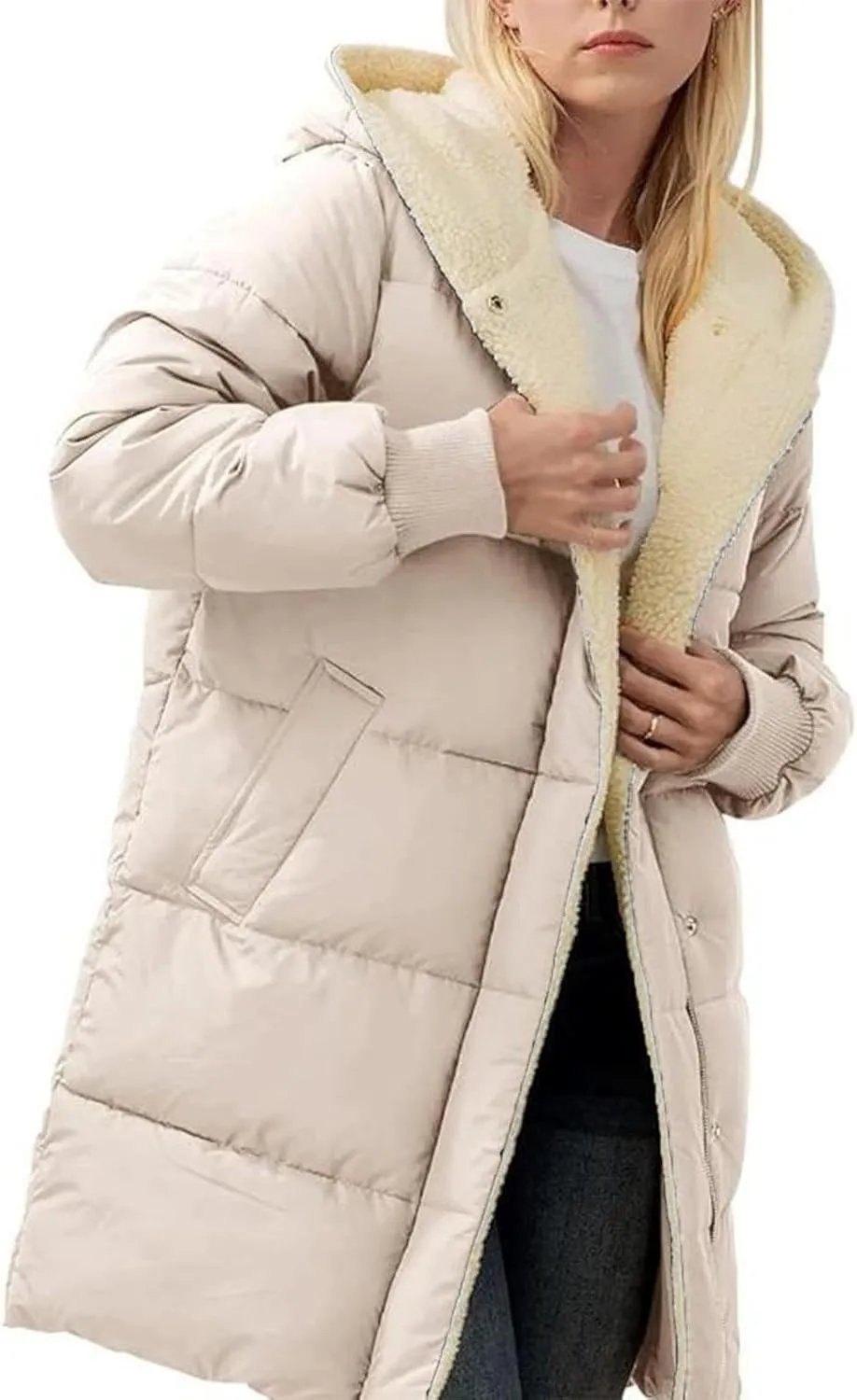Sinzelimin Women Hooded Parka Jackets Fleece Lined Thickened Down Jacket Winter Hooded Puffy Packable Jacket Warm Puffer Coat