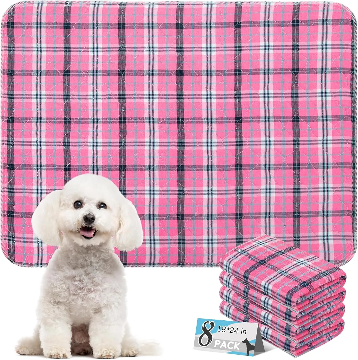 Washable Pee Pads for Dogs - 18x24 8PCS, Whelping Pad for Puppy Training, Playpen Crate Bed Floor Protector, Reusable Dog Potty Pads Non-Slip, Super Absorbent & Odor Controlling, Pink Plaid