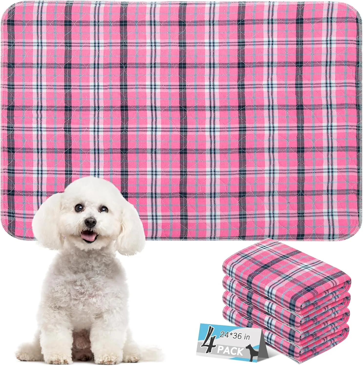 Washable Pee Pads for Dogs - 24x36 4PCS, Whelping Pad for Puppy Training, Playpen Crate Bed Floor Protector, Reusable Dog Potty Pads Non-Slip, Super Absorbent & Odor Controlling, Pink Plaid