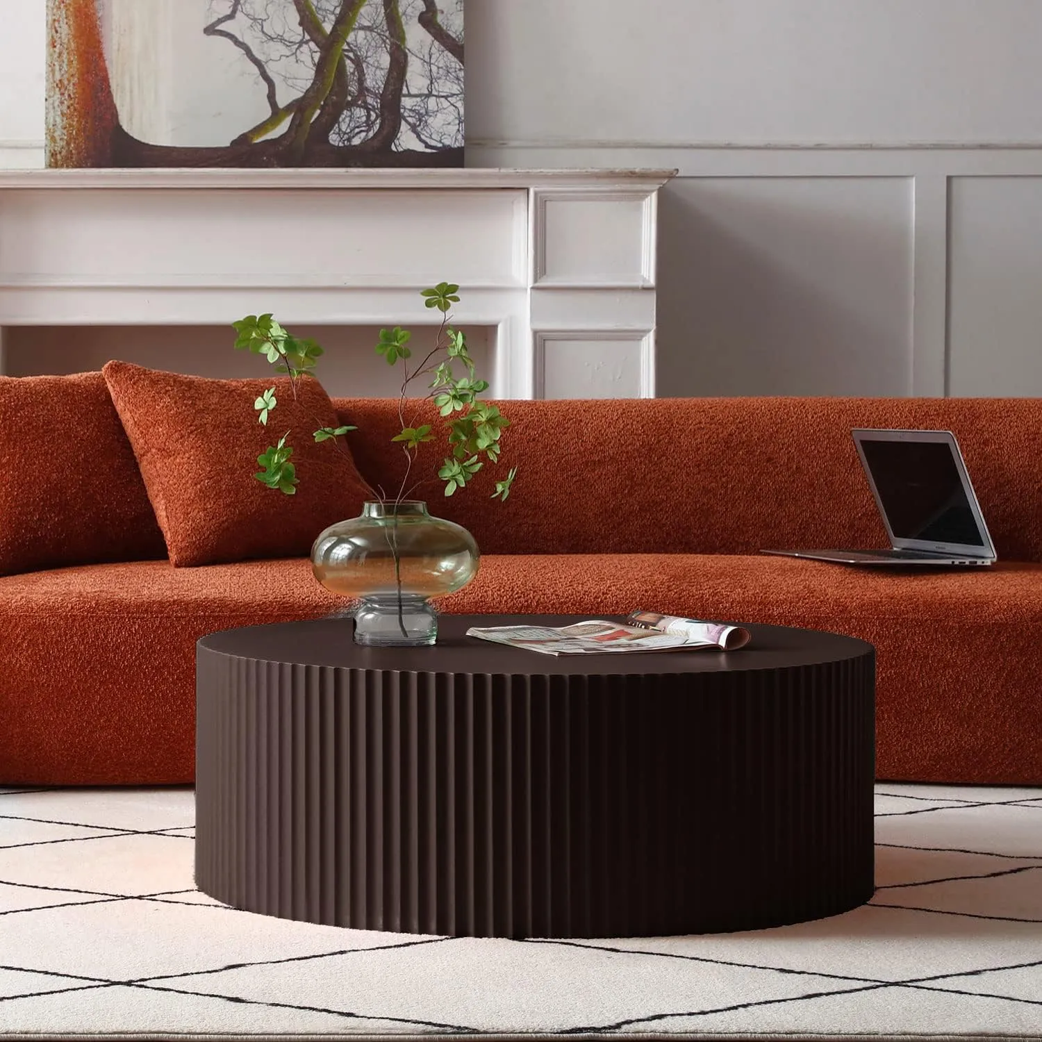 WILLIAMSPACE 35.43" Round Coffee Table, Matte Brown Wooden Coffee Table for Living Room, Modern Luxury Side Tables Accent End Table for for Home Office, 35.43 * 13.78H (Brown-Round)