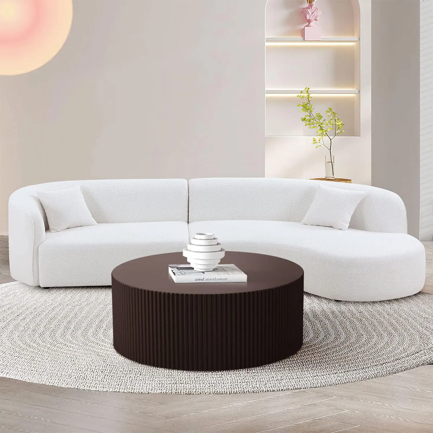WILLIAMSPACE 35.43" Round Coffee Table, Matte Brown Wooden Coffee Table for Living Room, Modern Luxury Side Tables Accent End Table for for Home Office, 35.43 * 13.78H (Brown-Round)