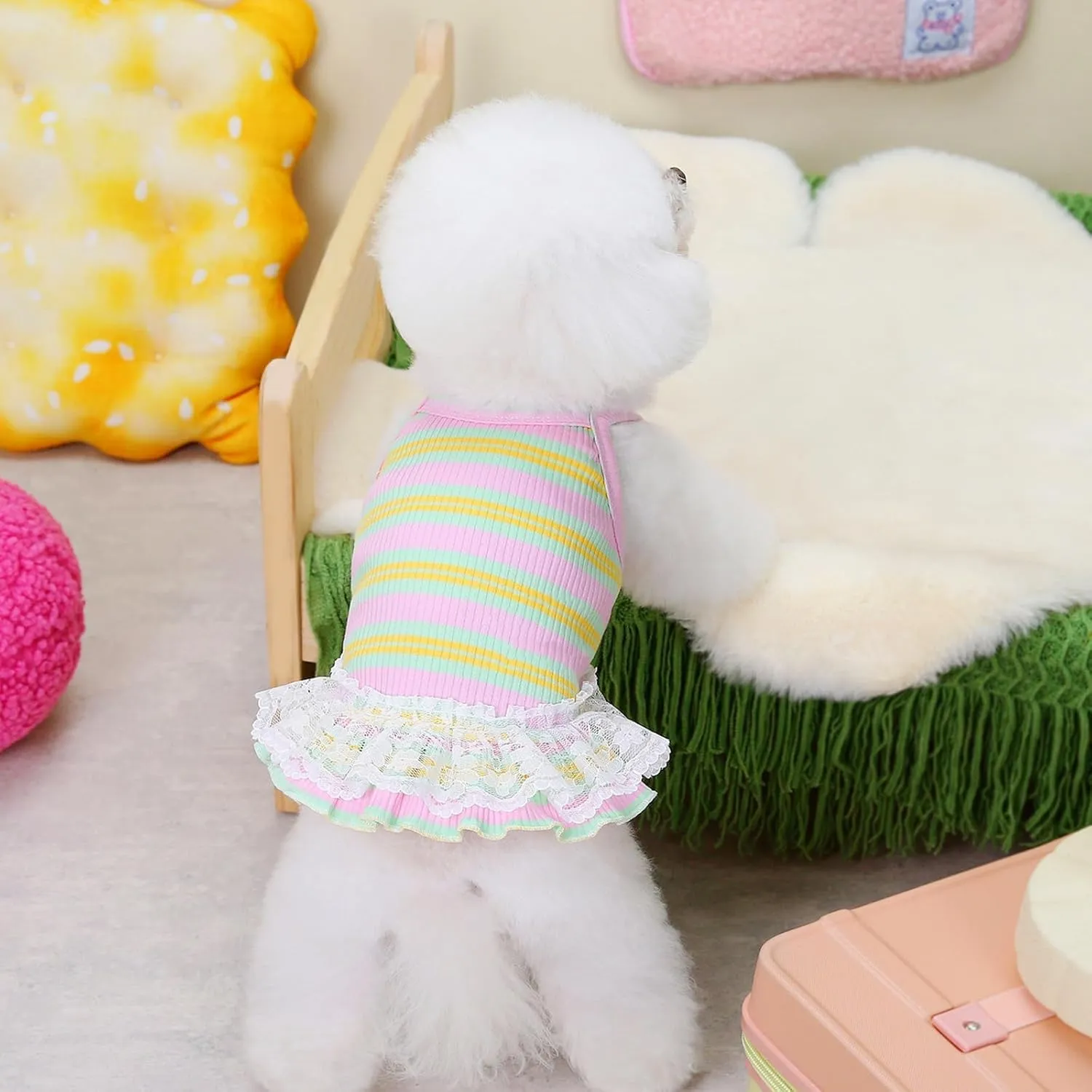 Winmany Dog Summer Clothes Puppy Sleeveless Striped Vest T-Shirt Pet Tutu Skirt Cat Dresses Suitable for Small Medium Cat Dog (Yellow, Small)