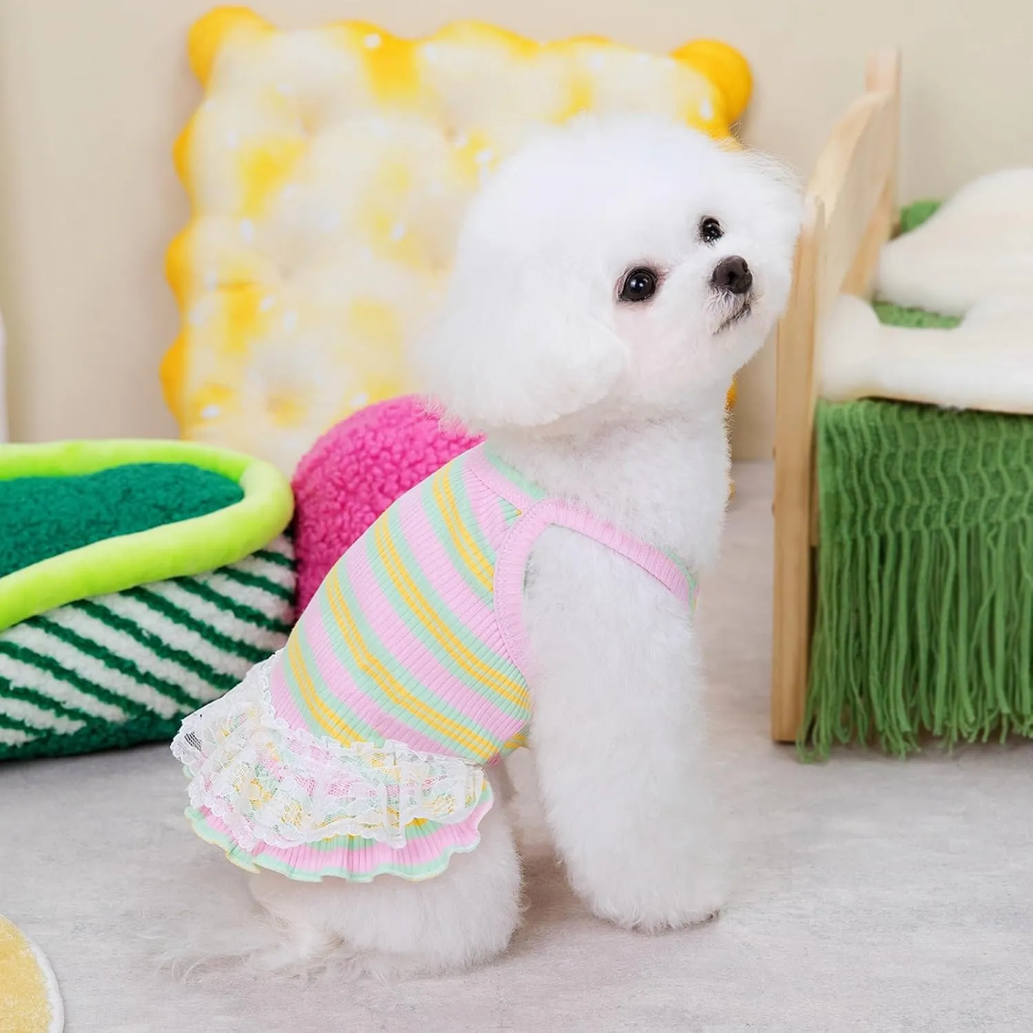Winmany Dog Summer Clothes Puppy Sleeveless Striped Vest T-Shirt Pet Tutu Skirt Cat Dresses Suitable for Small Medium Cat Dog (Yellow, Small)