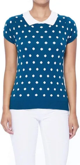 YEMAK Women's Knit Sweater Top  Short Sleeve Polka Dot Contrast Collar Puff Shoulder Classic Casual Knitted Pullover