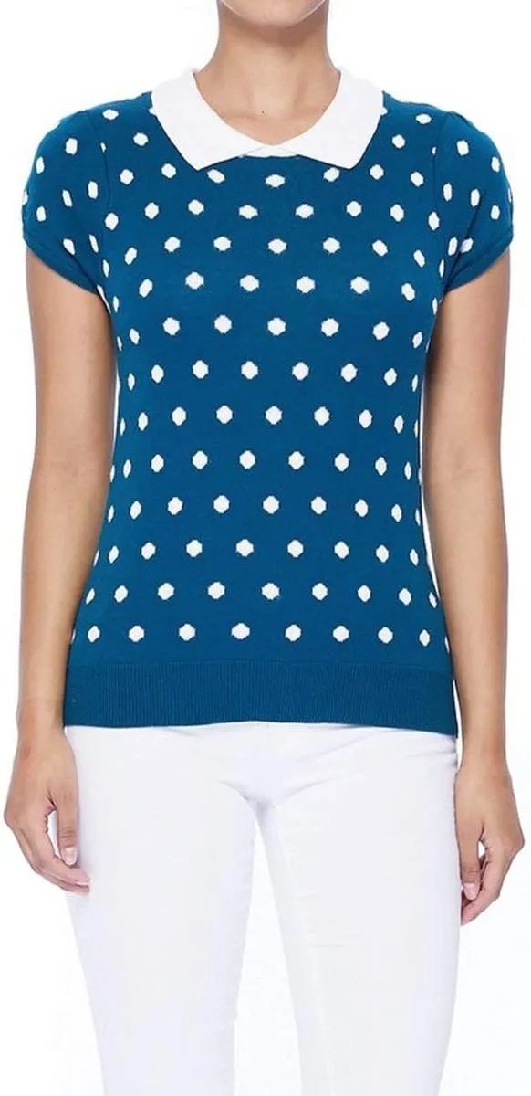 YEMAK Women's Knit Sweater Top  Short Sleeve Polka Dot Contrast Collar Puff Shoulder Classic Casual Knitted Pullover