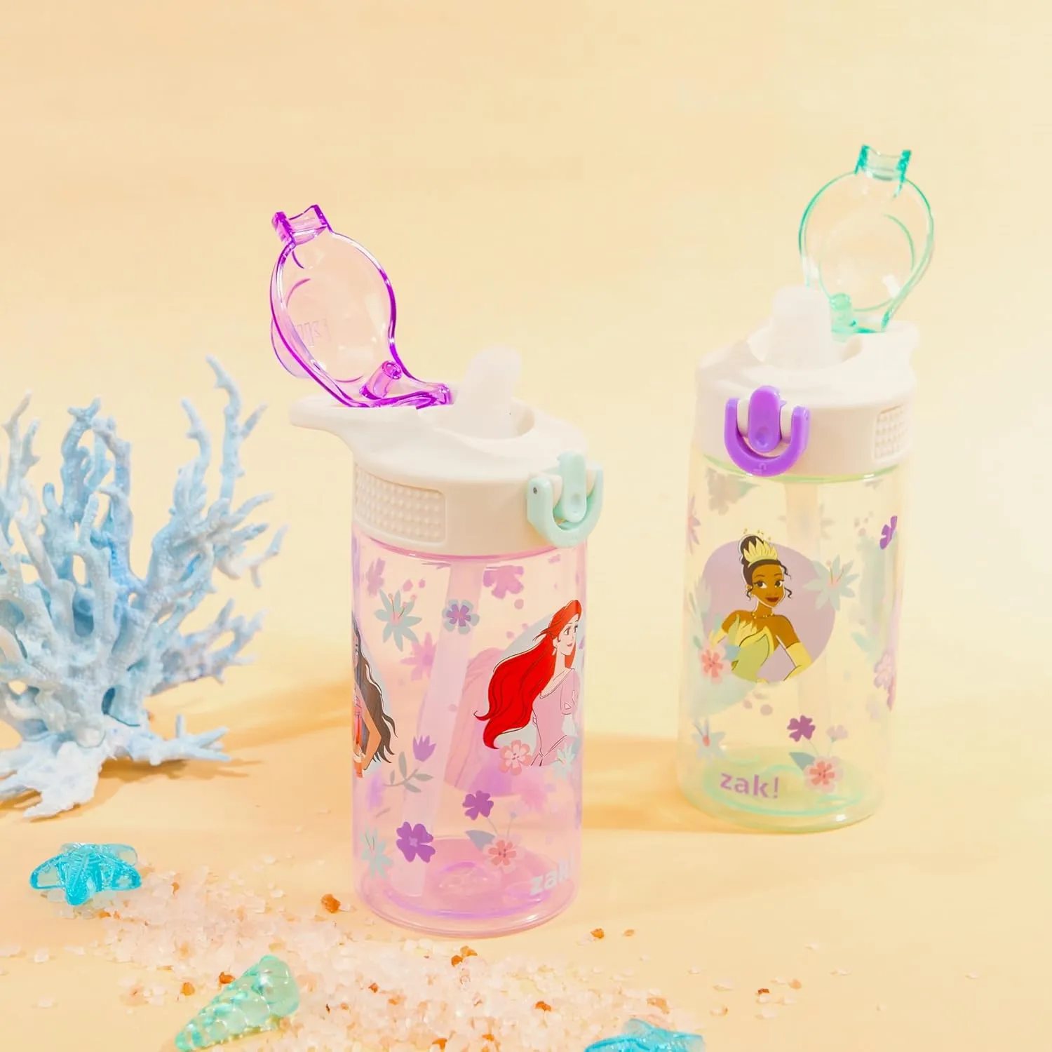 Zak Designs Disney Princess Sage Kids Water Bottle For School or Travel, 16oz Durable Plastic With Straw and Leak-Proof Spout Cover, 2-Pack (Ariel, Cinderella, Jasmine, Moana, Rapunzel, Tiana)
