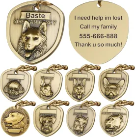 ZQDJ-Retro Pure Copper Three Dimensional Embossed Pet Pattern Dog Name Id Tags Personalized for Pets Custom Engraved Dog Tag (Siberian Husky)